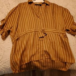 Zara Yellow Striped Oversized Button Down Tie Front Blouse Size M